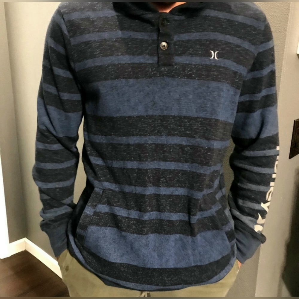 HURLEY Mens Heather Blue Striped Pullover Pouch Fleece Henley Sweater Hoodie XL